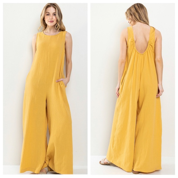 Boho Cotton Gauze Solid Wide Leg Jumpsuit - Picture 2 of 3